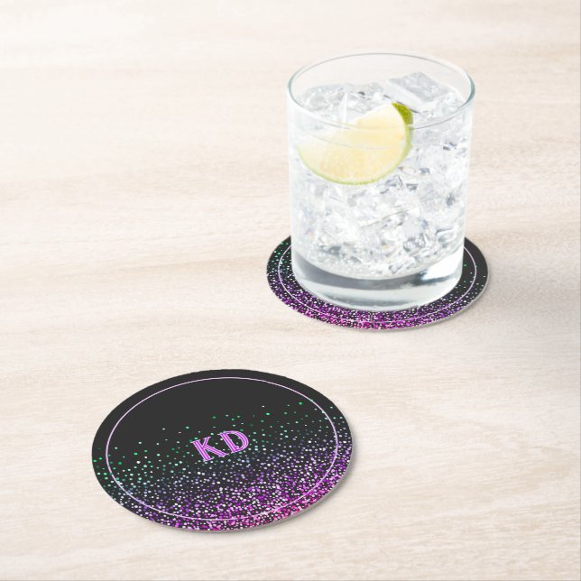 Black Colourful Glitter Accent Round Paper Coaster (Insitu)