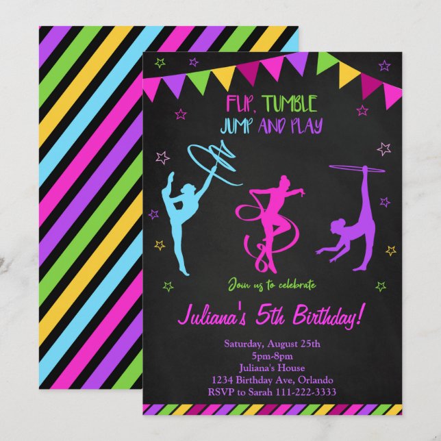 Black Colourful Gymnastic Birthday Invitation (Front/Back)