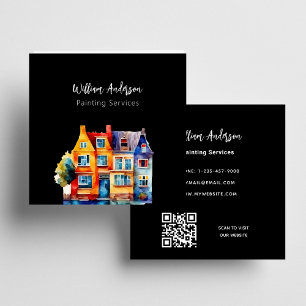 Black colourful houses QR code Square Business Card