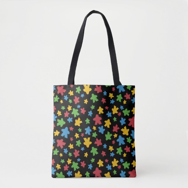 Black Colourful Meeple Pattern Tote Bag (Front)