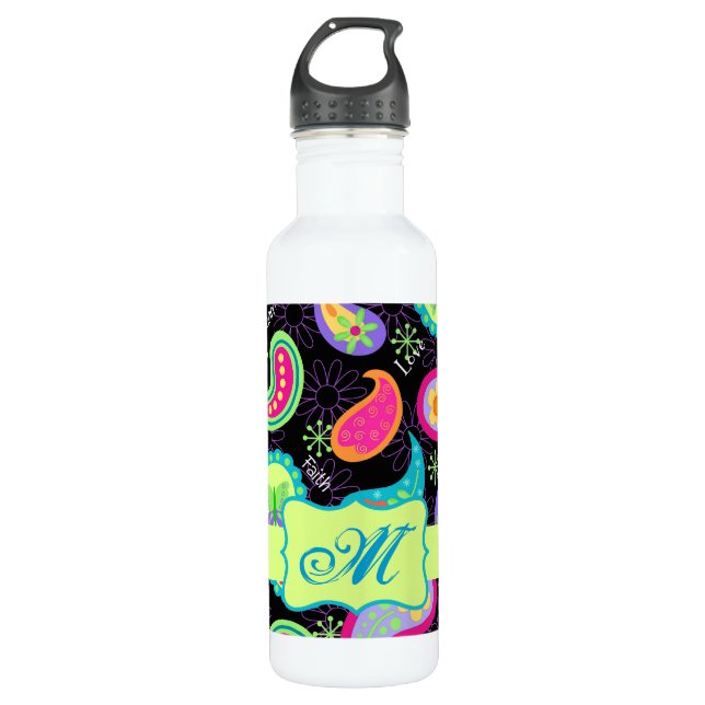 Black Colourful Modern Paisley Pattern Monogram 710 Ml Water Bottle (Front)