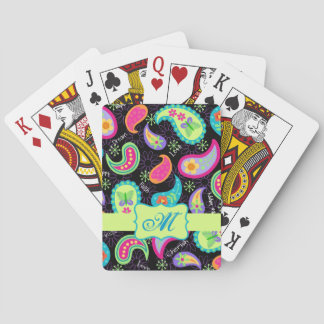 Black Colourful Modern Paisley Pattern Monogram Playing Cards