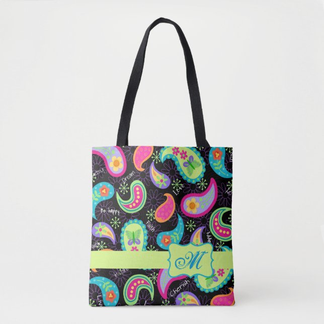 Black Colourful Modern Paisley Pattern Monogram Tote Bag (Front)