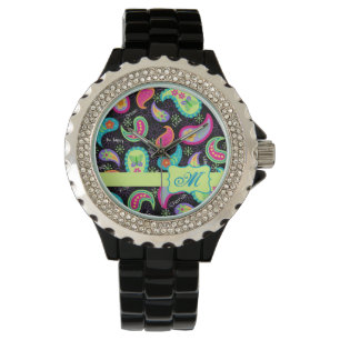 Black Colourful Modern Paisley Pattern Monogram Watch