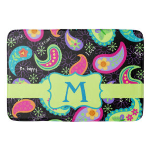 Black Colourful Monogram Modern Paisley Pattern Bath Mat