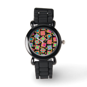 Black Colourful Patchwork Quilt Art Blocks Watch