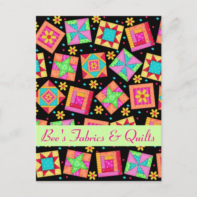 Black Colourful Patchwork Quilt Store Announcement Postcard (Front)