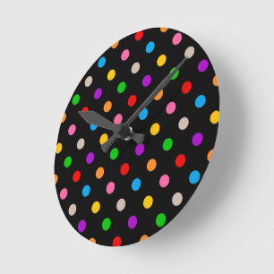 Black Colourful Rainbow Polka Dots Design Round Clock