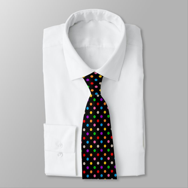 Black Colourful Rainbow Polka Dots Design  Tie (Tied)