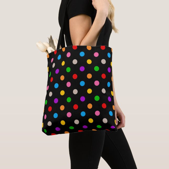 Black Colourful Rainbow Polka Dots Design  Tote Bag (Close Up)