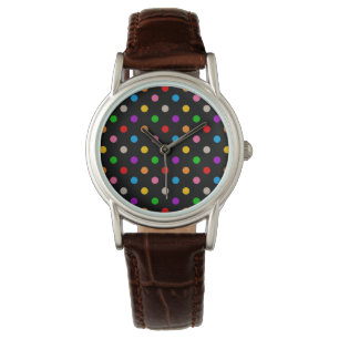 Black Colourful Rainbow Polka Dots Design Watch