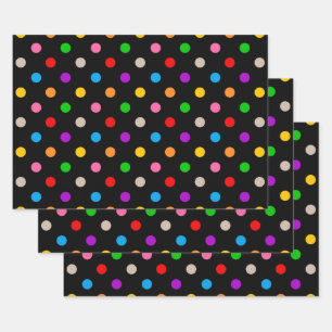 Black Colourful Rainbow Polka Dots Design Wrapping Paper Sheet