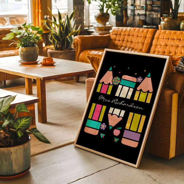 Black Colourful Teacher Cartoon Pencil Poster (Creator Uploaded)