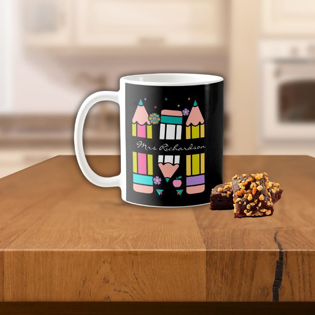Black Colourful teacher name pencil cartoon  Coffee Mug (Creator Uploaded)