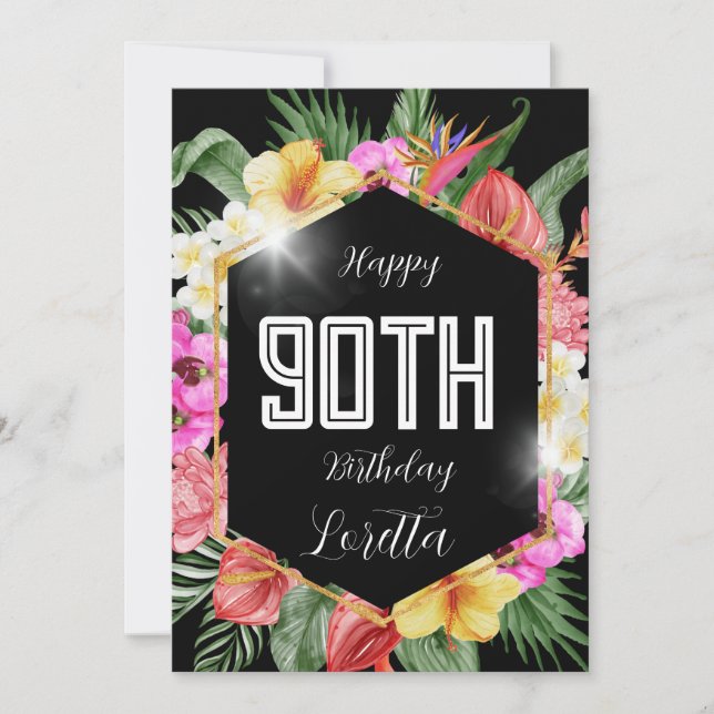Black Colourful Tropical Flowers 90th Birthday Car Holiday Card (Front)