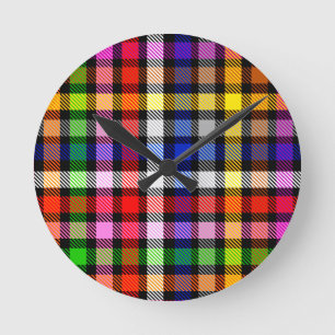 Black Colourful Twill Plaid Tartan Design  Round Clock