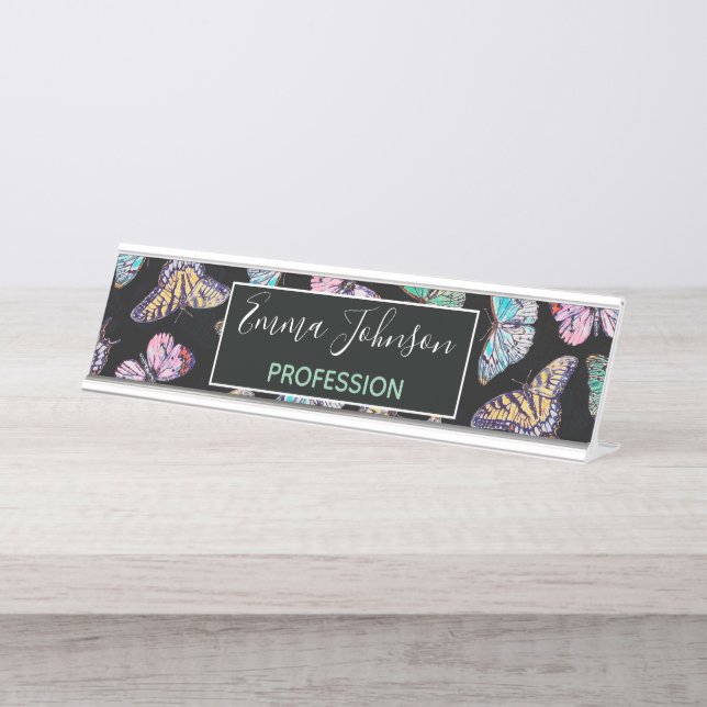 Black Colourful Watercolor Butterflies Desk Name Plate (Front)