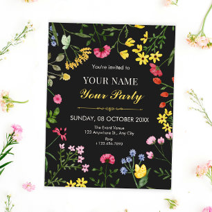 black colourful Wild flowers Invitation