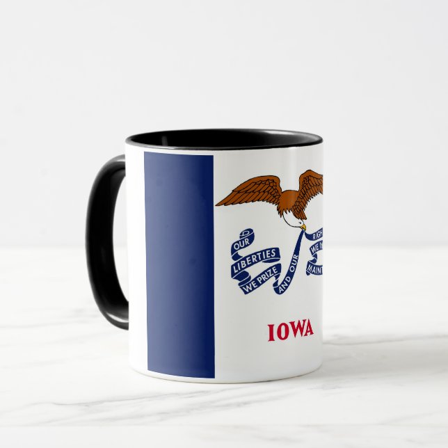 Black Combo Mug with flag of Iowa, USA (Front Left)