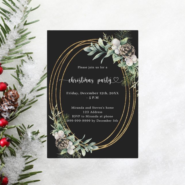 Black cone pine greenery gold Christmas Party Invitation (Creator Uploaded)