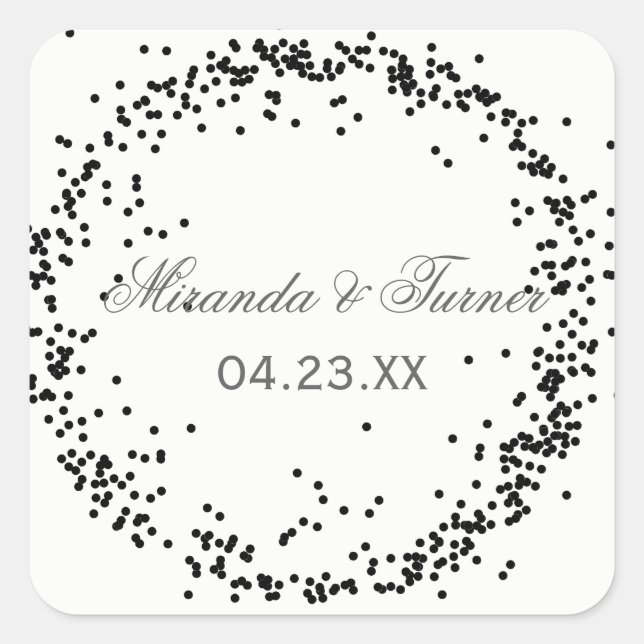 Black Confetti Names & Date - Square Sticker (Front)