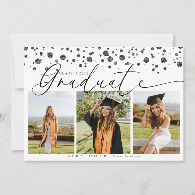 Black Confetti |  Photo Collage Graduation  Invitation (Front)