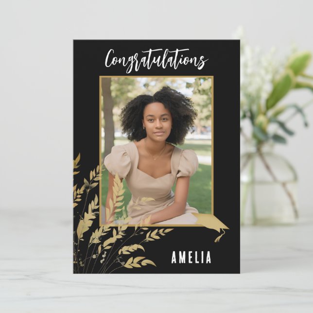 Black Congratulations Gold Foliage Graduate Photo Card (Standing Front)