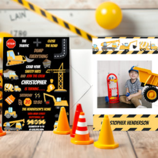 Black Construction Dump Truck Kids Birthday Photo Invitation