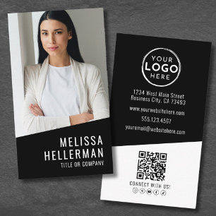 Black Contemporary Photo QR Code Logo Vertical Business Card