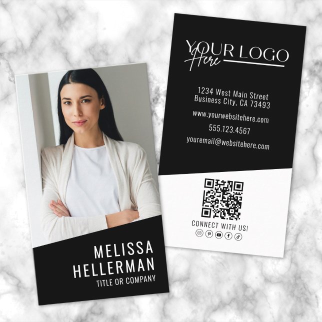 Black Contemporary Photo QR Code Logo Vertical Business Card (Black Contemporary Photo QR Code Logo Vertical Business Card)