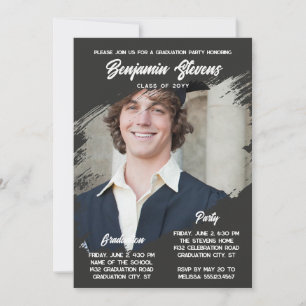 Black Cool Brush Stroke Photos Graduation Party Invitation