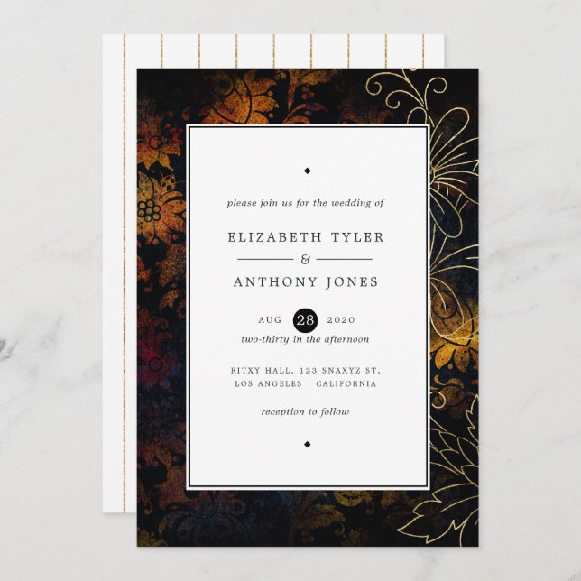 Black, Copper and Gold Vintage Damask Wedding Invitation (Front/Back)