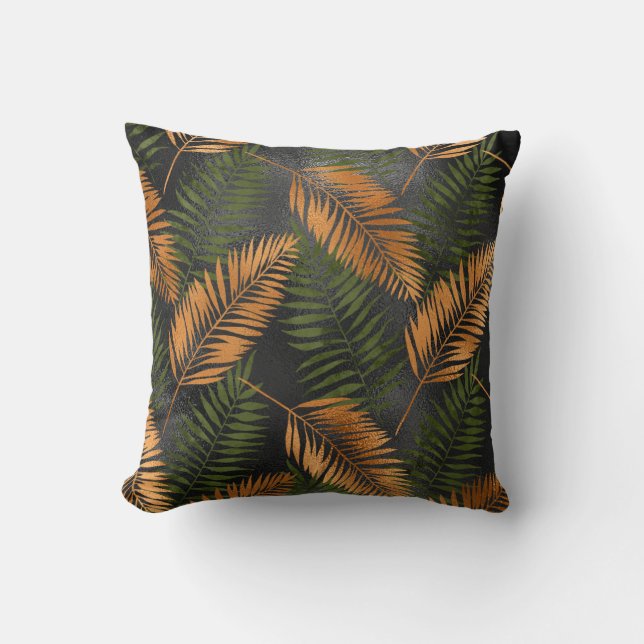 Black Copper Brown Palm Tree Leaf Glam Tropical Cushion (Front)