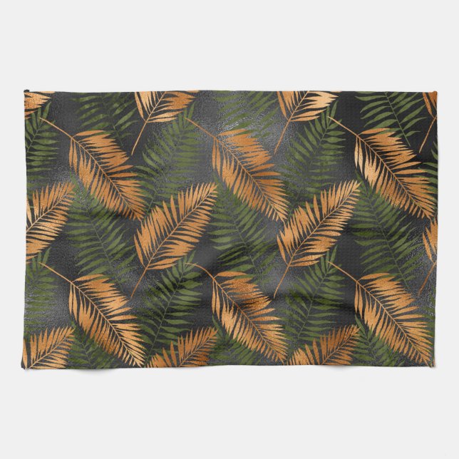 Black Copper Brown Palm Tree Leaf Glam Tropical Tea Towel (Horizontal)