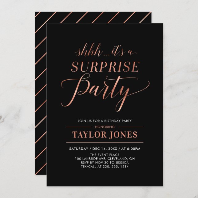 Black & Copper | Modern Surprise Birthday Party Invitation (Front/Back)