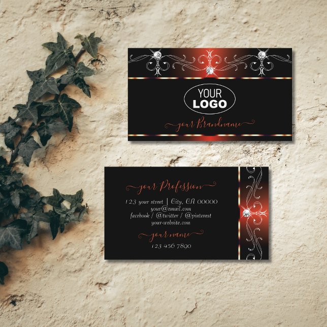 Black Copper Squiggles Sparkle Diamonds with Logo Business Card (Creator Uploaded)