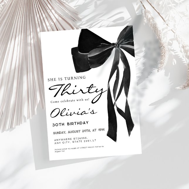 black coquette bow 30th birthday party invitation (Creator Uploaded)