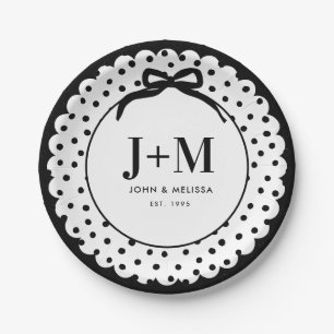 Black Coquette Bow Anniversary Initials Paper Plate