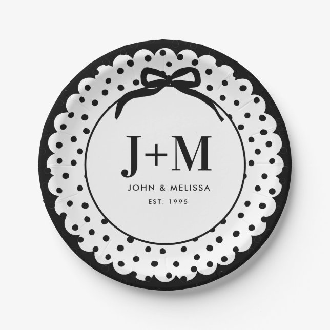 Black Coquette Bow Anniversary Initials Paper Plate (Front)