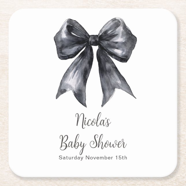 Black Coquette Bow Baby Shower Square Paper Coaster (Front)