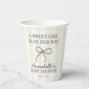 Black Coquette Bow Beige Striped Baby Shower Paper Cups