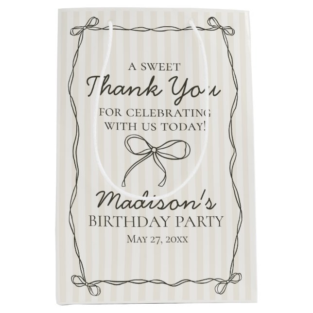 Black Coquette Bow Beige Striped Birthday Favour Medium Gift Bag (Front)