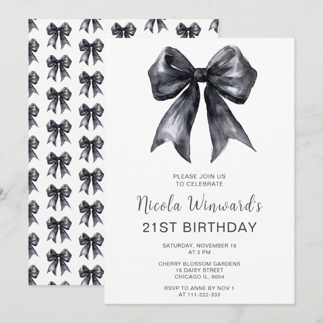 Black Coquette Bow Birthday Party Invitation (Front/Back)