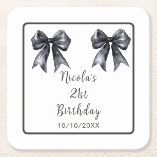 Black Coquette Bow Birthday Party Square Paper Coaster
