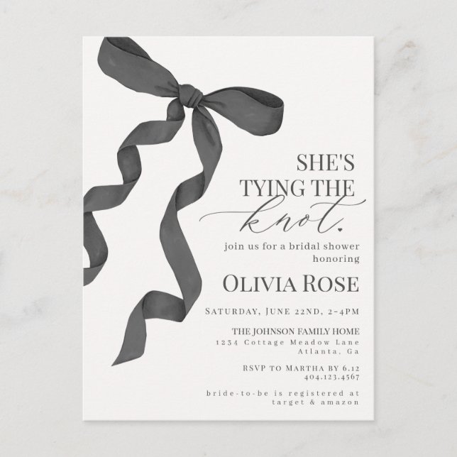 Black Coquette Bow Bridal Shower Invite Postcard (Front)