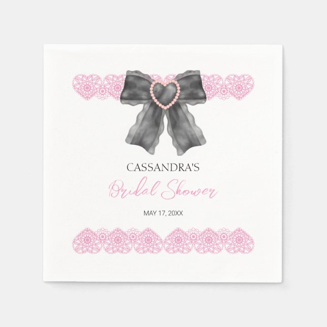 Black Coquette Bow Pink Lace Bridal Shower  Napkin (Front)