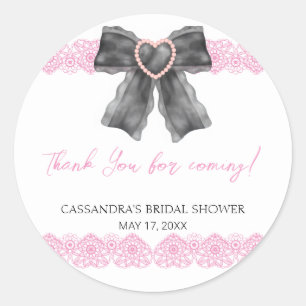 Black Coquette Bow Pink Lace Bridal Shower Thanks Classic Round Sticker