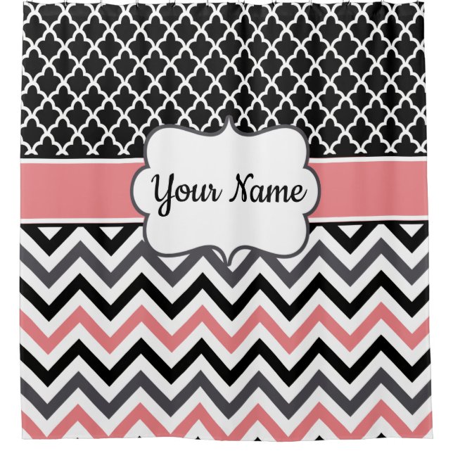 Black Coral Chevron Monogram Shower Curtain (Front)