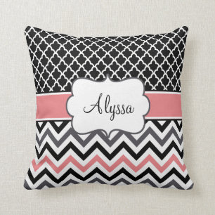 Black Coral Quatrefoil Chevron Personalised Cushion