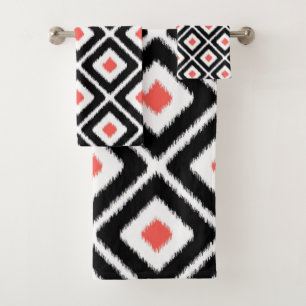 Black, Coral, White Ikat Diamond Pattern Bath Towel Set